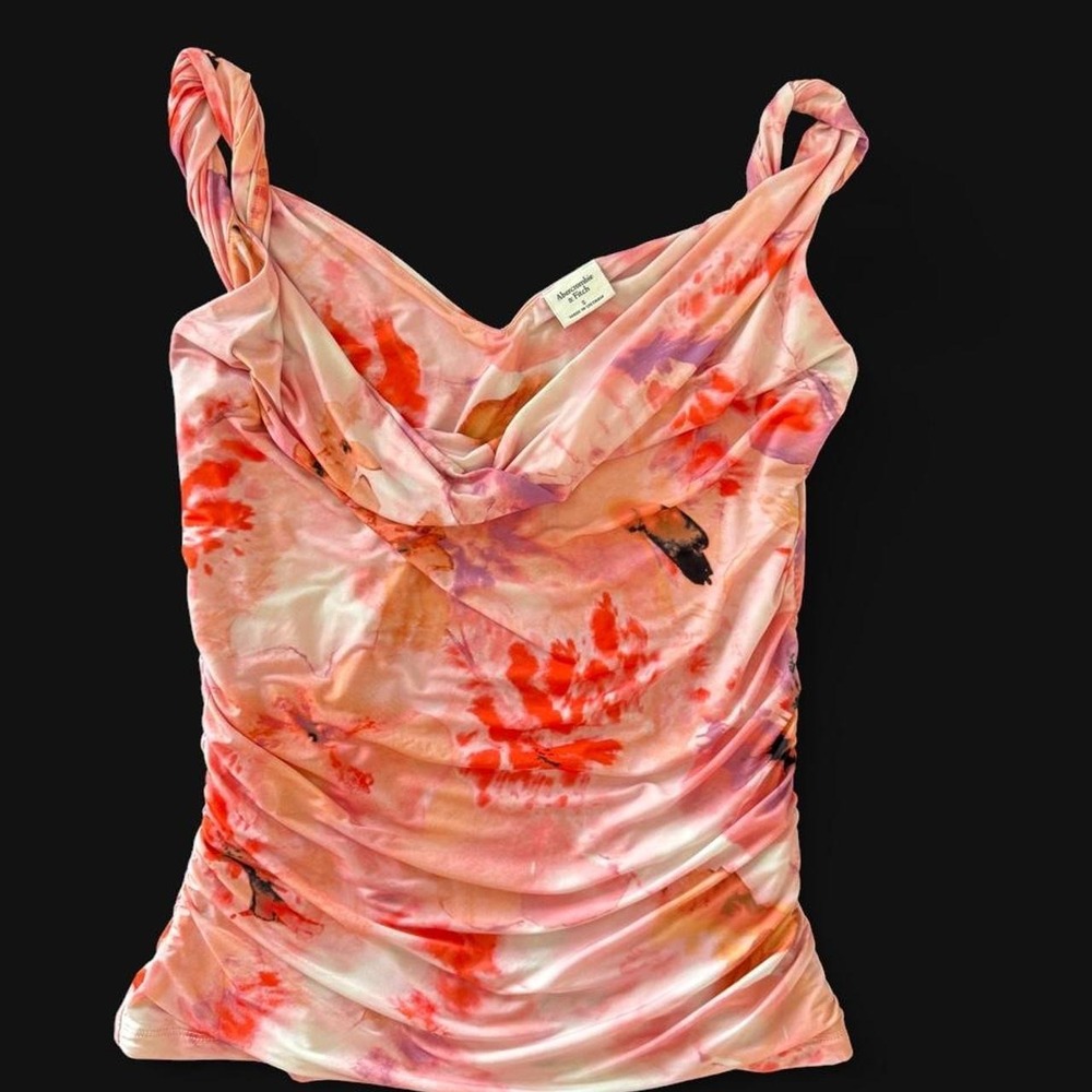 Abercombie and Fitch Floral Ruched Tank Blouse Soft Corel Neckline
